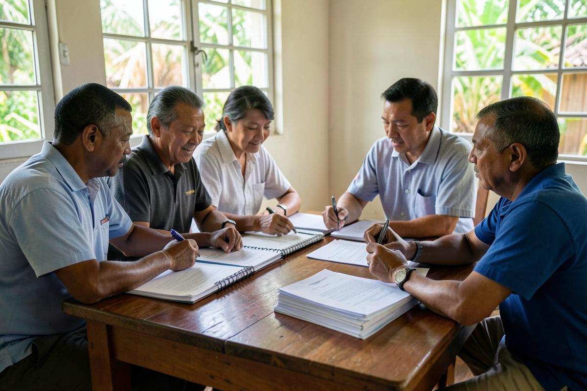 Committee members reviewing financial ledgers around a wooden table in Port Vila