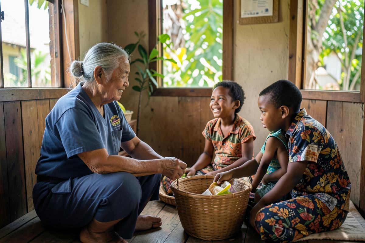 A welfare volunteer visiting an elderly woman and children with food baskets in Port Vila