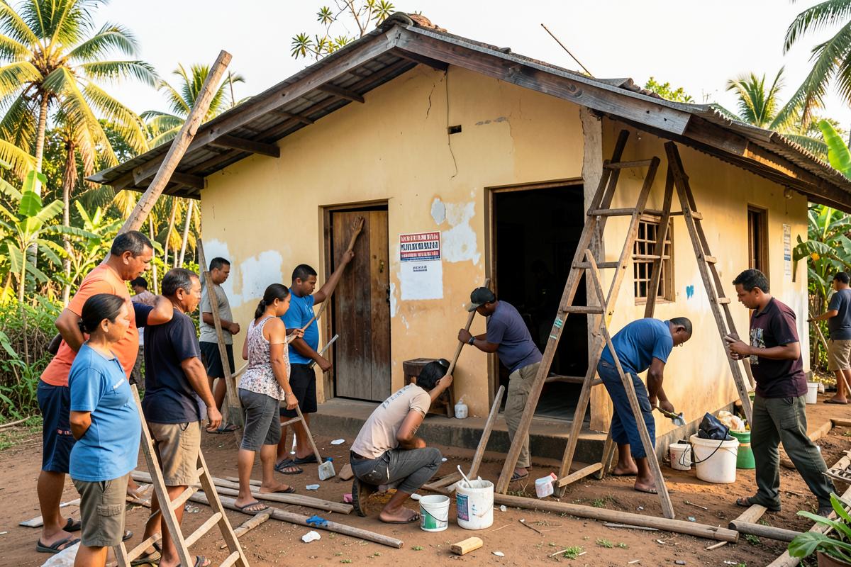 Community members repairing and painting a church fellowship hall in Vanuatu