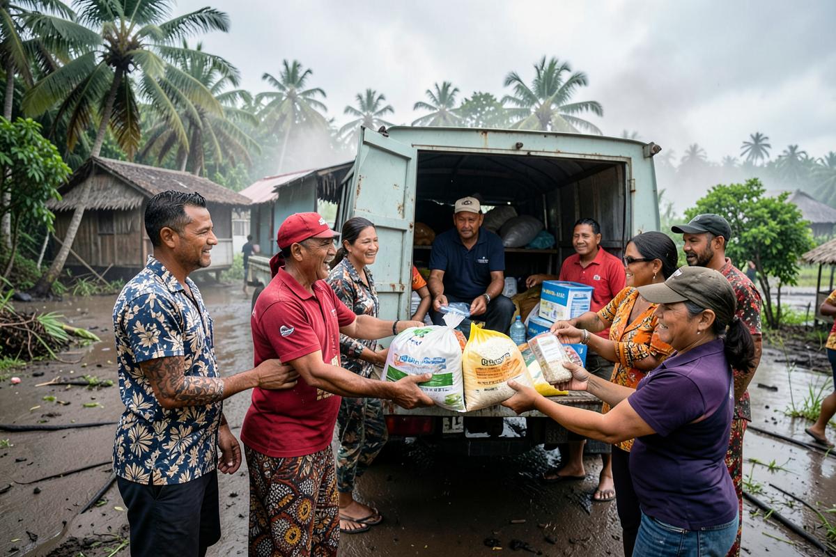 Volunteers distributing food parcels after a tropical cyclone in Vanuatu