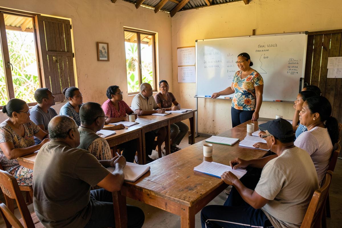 Adults taking notes at a budgeting workshop in a community hall in Port Vila