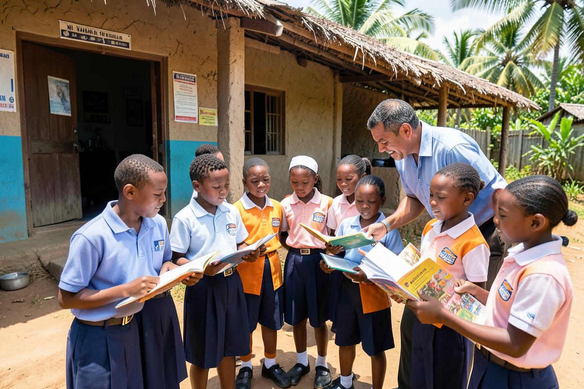 Students in school uniform reading with a mentor outside an island school